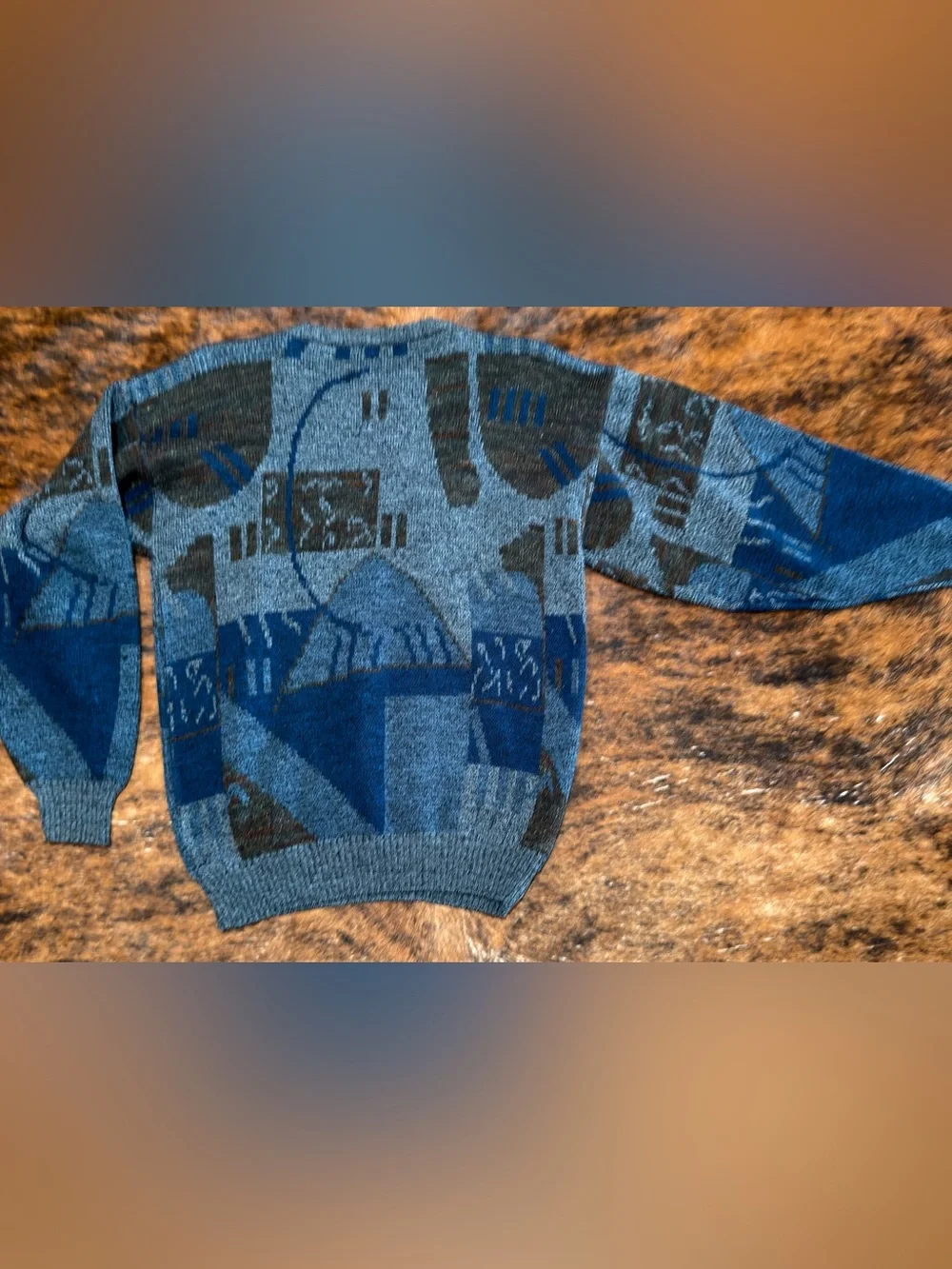 Vintage Collage Geometric Color Blue Black Block Sweater Womens Lg 70s 80’s